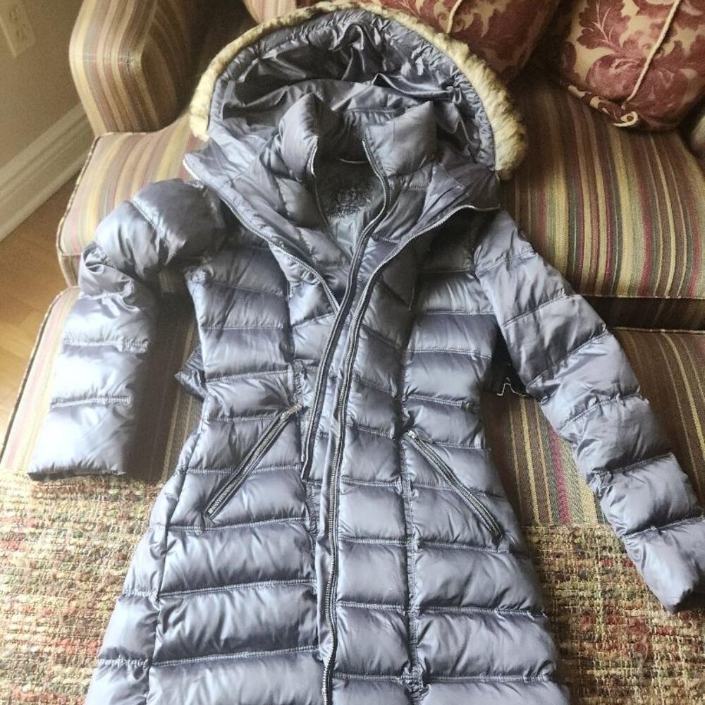 Dawn Levy gorgeous Pewter-colored winter jacket with attached belt.